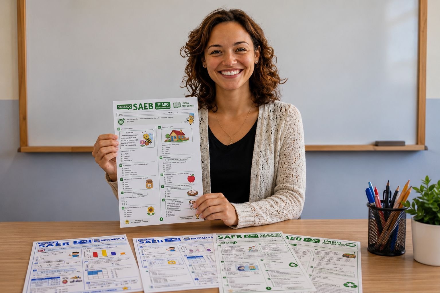 Professora segurando simulado SAEB